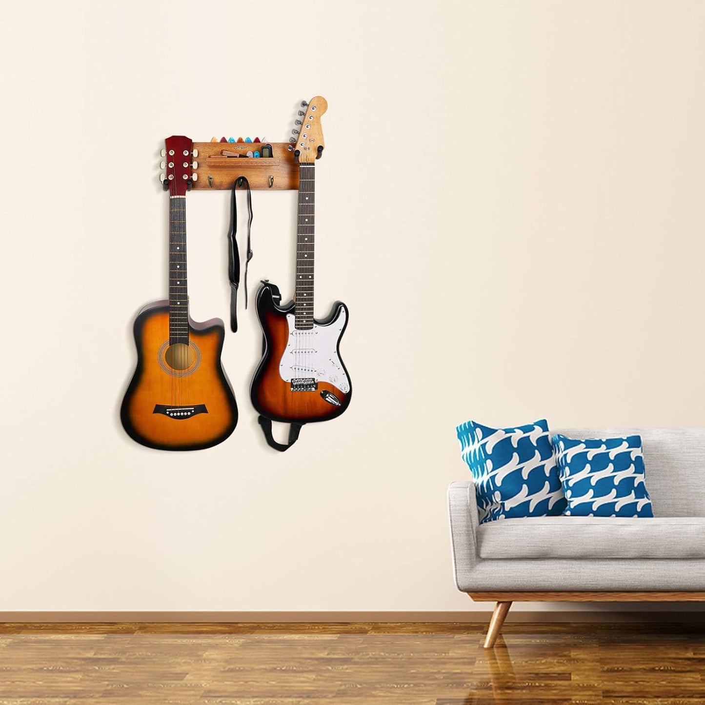 Guitar Wall Mount with 2 Rotatable Hook, Shelf, and Pick Holder | Wood Guitar Hanger, U-Shaped Hook, Rotatable Yoke, Guitar Wall Stand Rack for Acoustic, Electric, Bass
