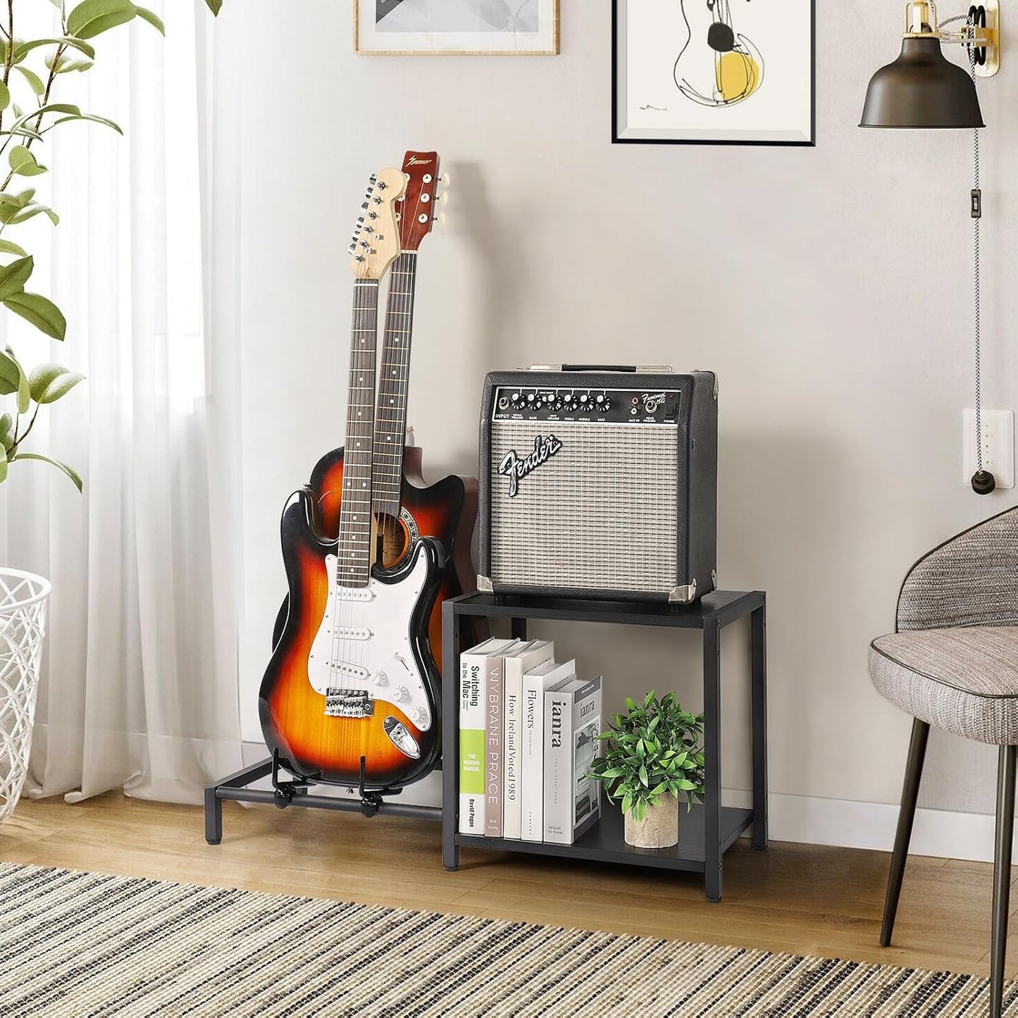 Guitar Stand, 2-Tier Guitar Stands Floor with Guitar Amp Stand, Guitar Rack for Multiple Guitars and Guitar Accessories, Adjustable Guitar Holder, Guitar Display for Music Studio Home, Black