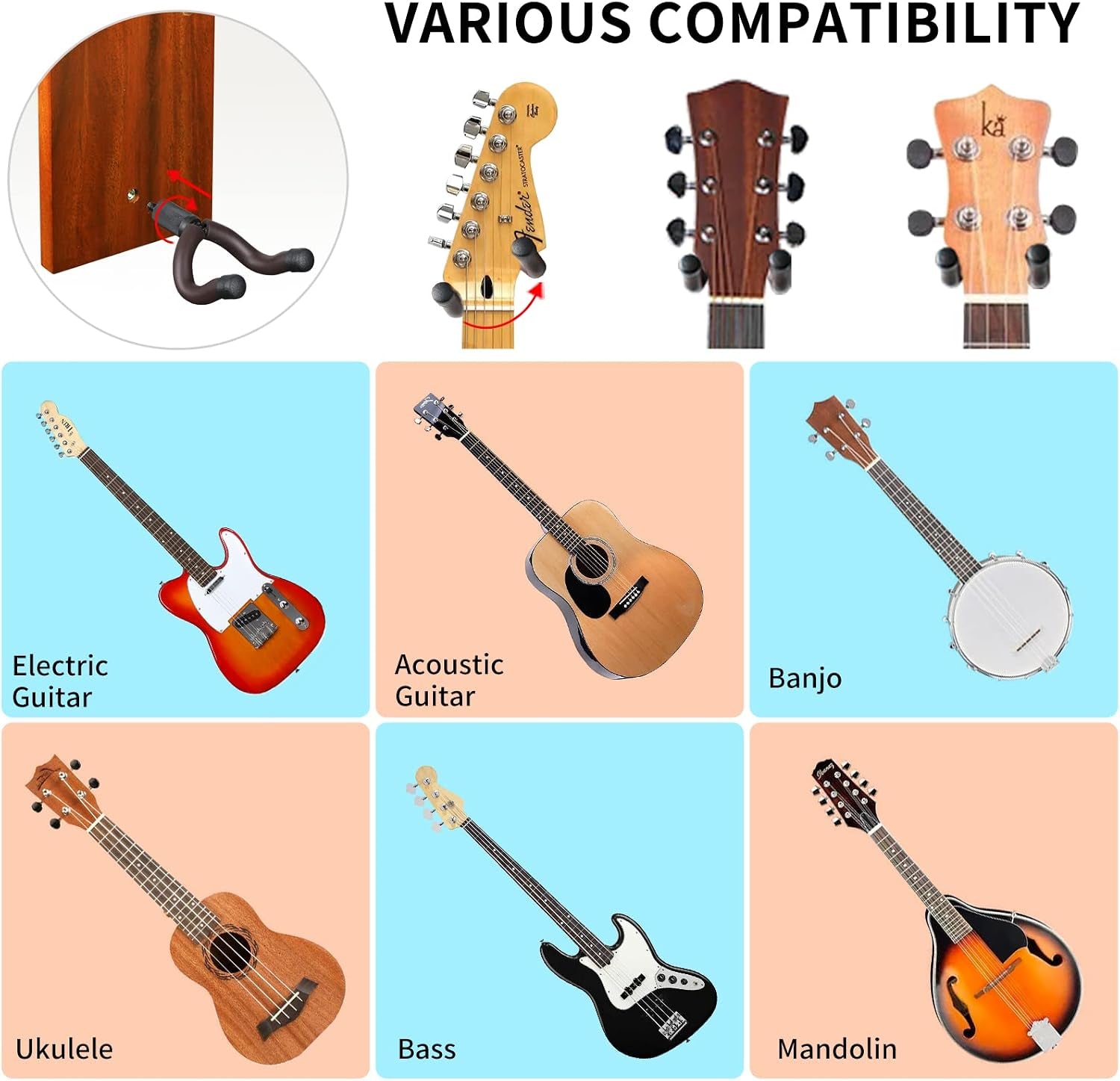 2 Pack Guitar Wall Mount, Guitar Hanger with Wood Shelf, Guitar Hook, Guitar Holder for Acoustic Electric Bass Guitar Ukulele Banjo Mandolin