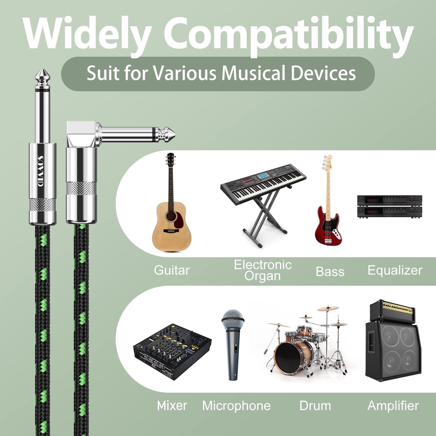 6FT Instrument Cable - Electric Guitar & Bass Cable with Right Angle 1/4 Inch Plugs, Black & Green