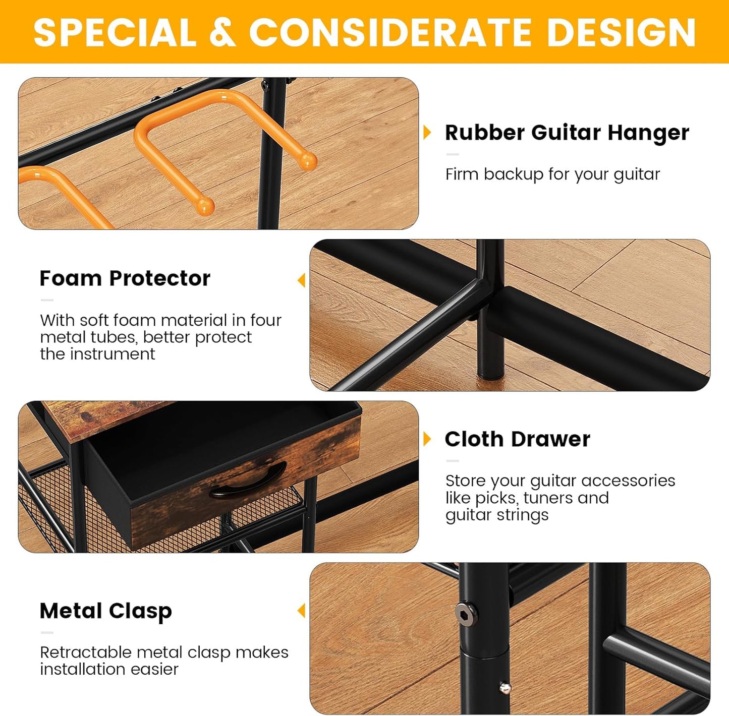 Guitar Stands Floor with 6 Guitar Holders, 3-Tier Guitar Stand Multiple Guitars, Guitar Rack with Amp Stand & Cloth Drawer, Multi Guitar Stand for Music Studio, Guitar Accessories Gift for Music Lover