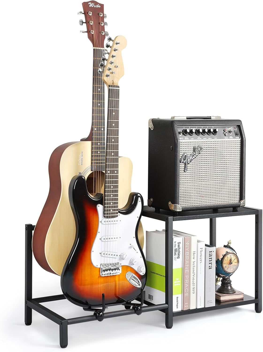 Guitar Stand, 2-Tier Guitar Stands Floor with Guitar Amp Stand, Guitar Rack for Multiple Guitars and Guitar Accessories, Adjustable Guitar Holder, Guitar Display for Music Studio Home, Black