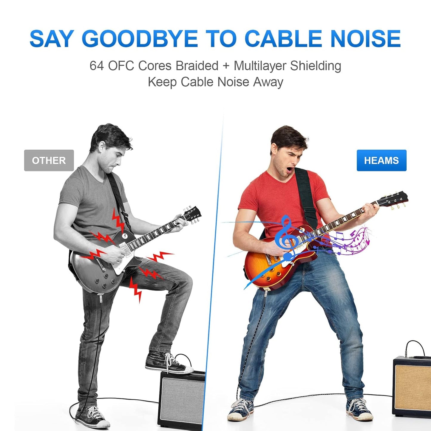 2 Pack Premium 10 FT Guitar Cable, Noise Free, 3 Times Durability | 1/4 Inch Instrument Cable, Right Angle Guitar Cord, Amp Cord for Electric Guitar/Bass/Mandolin, Pro Audio