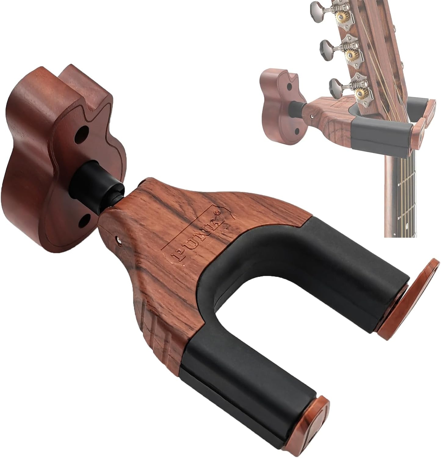 Guitar Wall Mount, Auto Lock Guitar Wall Hanger Guitar Holder Hard Wood Base in Guitar Shape Guitar Hook for for Acoustic, Electric, Classical, Bass Guitars, Guitar Accessories (Brown)