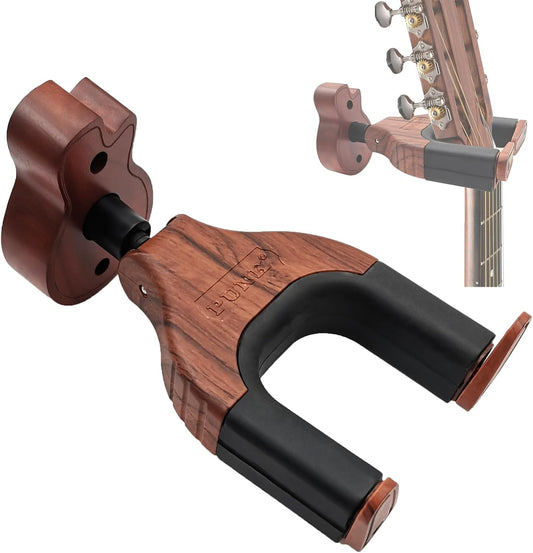 Guitar Wall Mount, Auto Lock Guitar Wall Hanger Guitar Holder Hard Wood Base in Guitar Shape Guitar Hook for for Acoustic, Electric, Classical, Bass Guitars, Guitar Accessories (Brown)