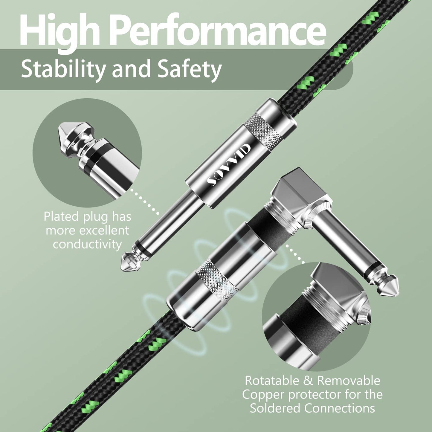 6FT Instrument Cable - Electric Guitar & Bass Cable with Right Angle 1/4 Inch Plugs, Black & Green