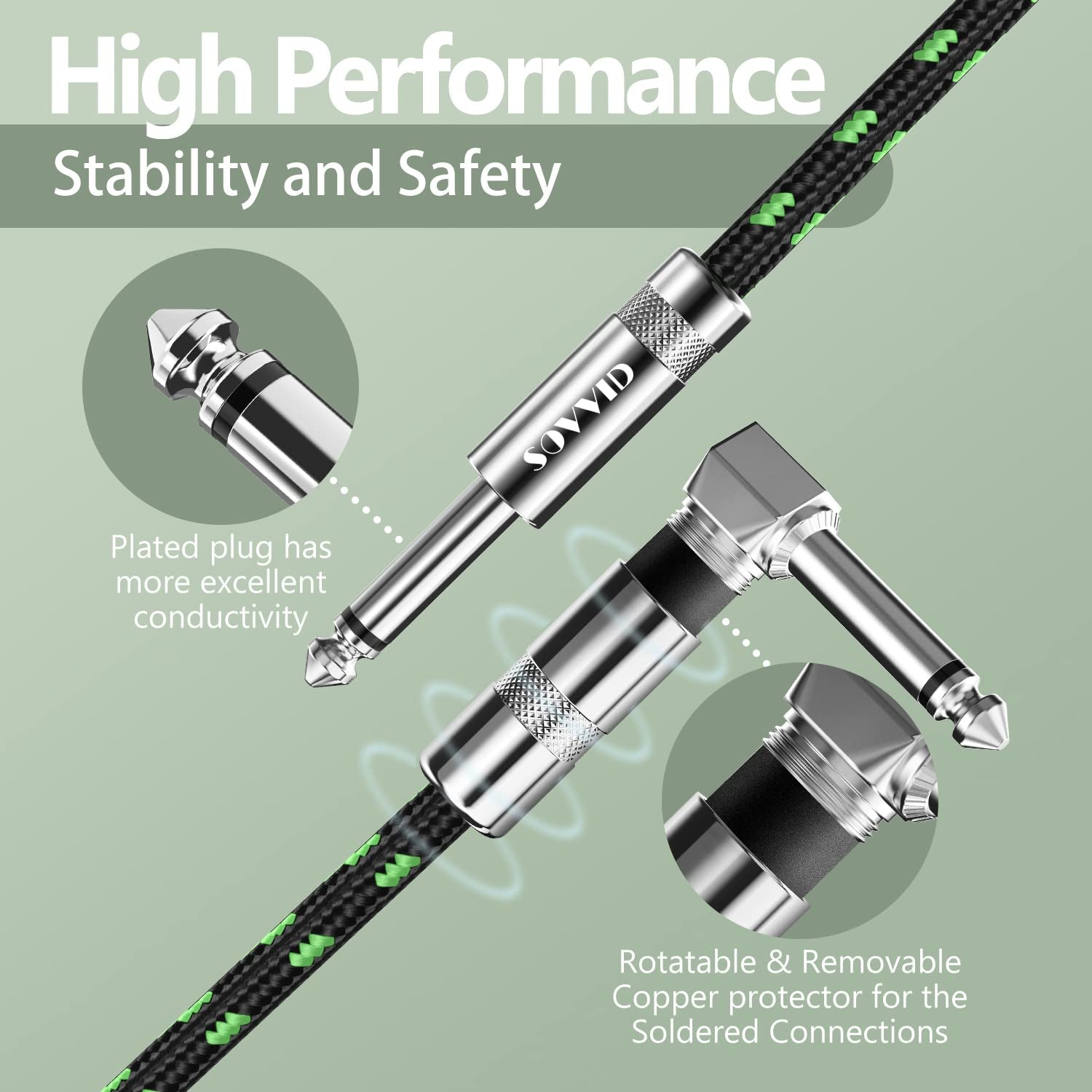 6FT Instrument Cable - Electric Guitar & Bass Cable with Right Angle 1/4 Inch Plugs, Black & Green