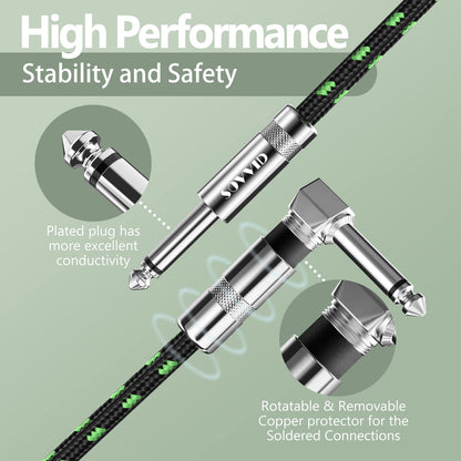 6FT Instrument Cable - Electric Guitar & Bass Cable with Right Angle 1/4 Inch Plugs, Black & Green