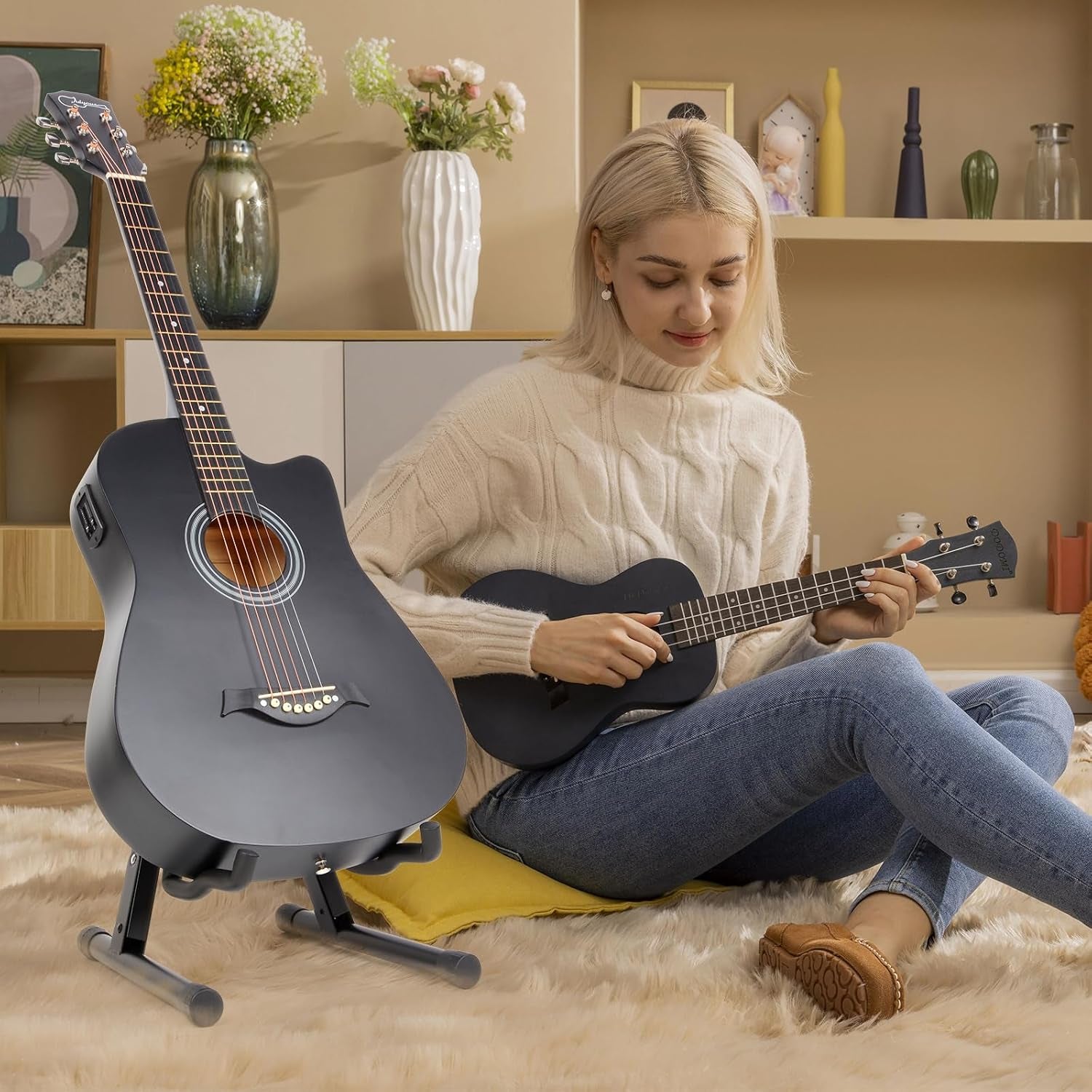 Guitar Stand, Foldable Electric Guitar Stands Floor | Non-Slip Rubber and Foam Arm Metal Electric Guitar Stand, Suitable Stand for Acoustic Guitar, Electric Guitar, Bass, Ukulele