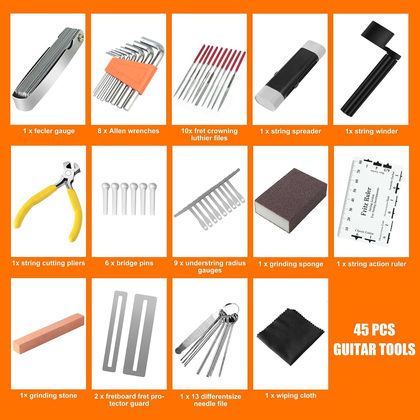 45Pcs Guitar Tool Kit, Guitar Repair Kit, Guitar Setup Kit, Luthier Tools Guitar Kit, Guitar Maintenance Kit Guitar Fret Tools,  Guitar Accessories for Ukulele Bass Guitar Gifts for Musicians
