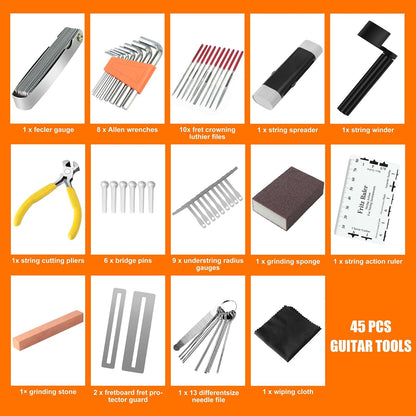 45Pcs Guitar Tool Kit, Guitar Repair Kit, Guitar Setup Kit, Luthier Tools Guitar Kit, Guitar Maintenance Kit Guitar Fret Tools,  Guitar Accessories for Ukulele Bass Guitar Gifts for Musicians