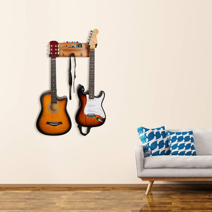 Guitar Wall Mount with 2 Rotatable Hook, Shelf, and Pick Holder | Wood Guitar Hanger, U-Shaped Hook, Rotatable Yoke, Guitar Wall Stand Rack for Acoustic, Electric, Bass