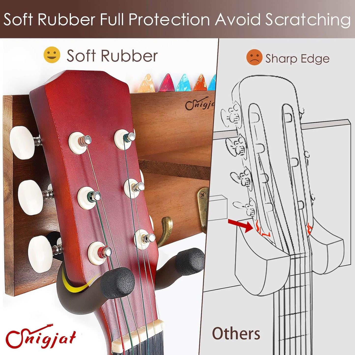 Guitar Wall Mount with 2 Rotatable Hook, Shelf, and Pick Holder | Wood Guitar Hanger, U-Shaped Hook, Rotatable Yoke, Guitar Wall Stand Rack for Acoustic, Electric, Bass