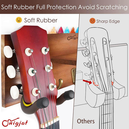 Guitar Wall Mount with 2 Rotatable Hook, Shelf, and Pick Holder | Wood Guitar Hanger, U-Shaped Hook, Rotatable Yoke, Guitar Wall Stand Rack for Acoustic, Electric, Bass