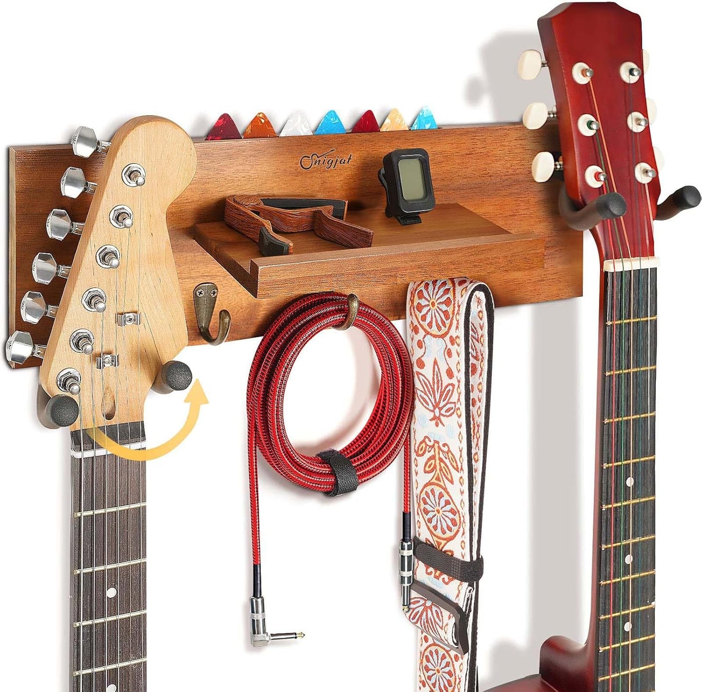 Guitar Wall Mount with 2 Rotatable Hook, Shelf, and Pick Holder | Wood Guitar Hanger, U-Shaped Hook, Rotatable Yoke, Guitar Wall Stand Rack for Acoustic, Electric, Bass