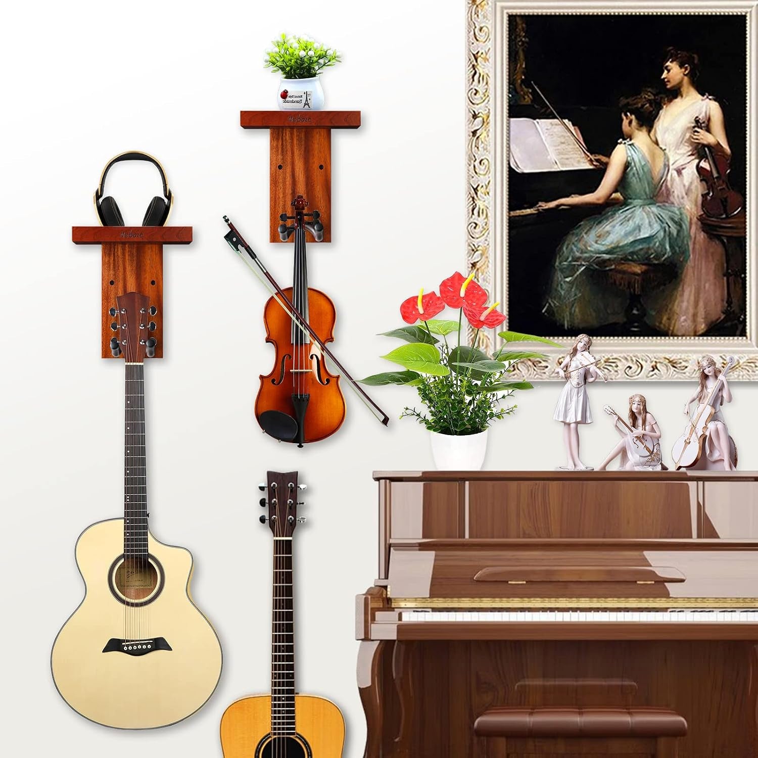 2 Pack Guitar Wall Mount, Guitar Hanger with Wood Shelf, Guitar Hook, Guitar Holder for Acoustic Electric Bass Guitar Ukulele Banjo Mandolin