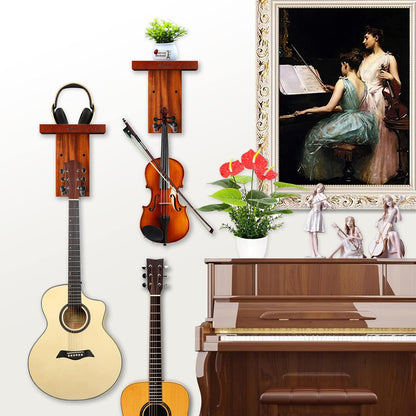 2 Pack Guitar Wall Mount, Guitar Hanger with Wood Shelf, Guitar Hook, Guitar Holder for Acoustic Electric Bass Guitar Ukulele Banjo Mandolin