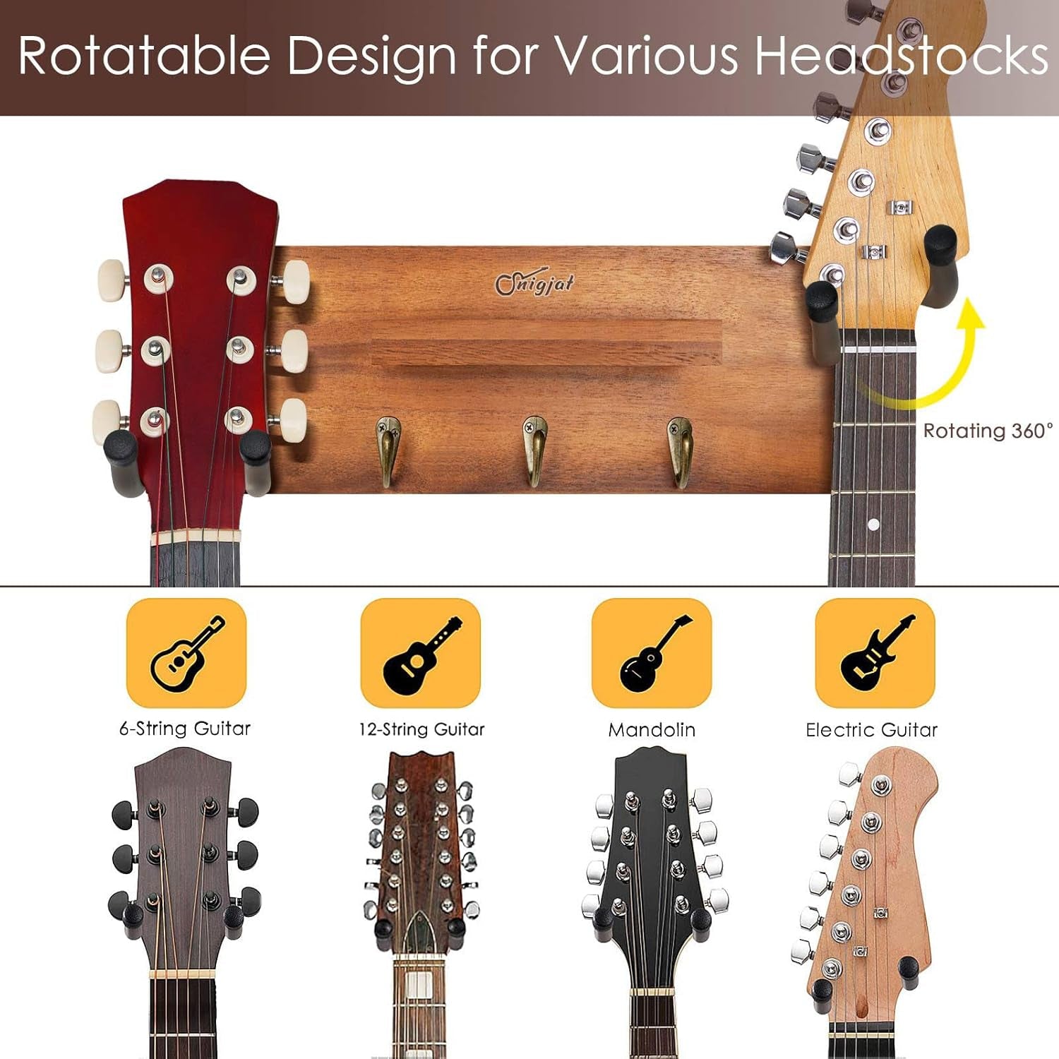 Guitar Wall Mount with 2 Rotatable Hook, Shelf, and Pick Holder | Wood Guitar Hanger, U-Shaped Hook, Rotatable Yoke, Guitar Wall Stand Rack for Acoustic, Electric, Bass