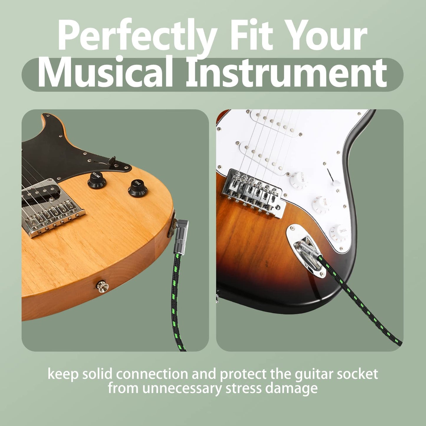 6FT Instrument Cable - Electric Guitar & Bass Cable with Right Angle 1/4 Inch Plugs, Black & Green