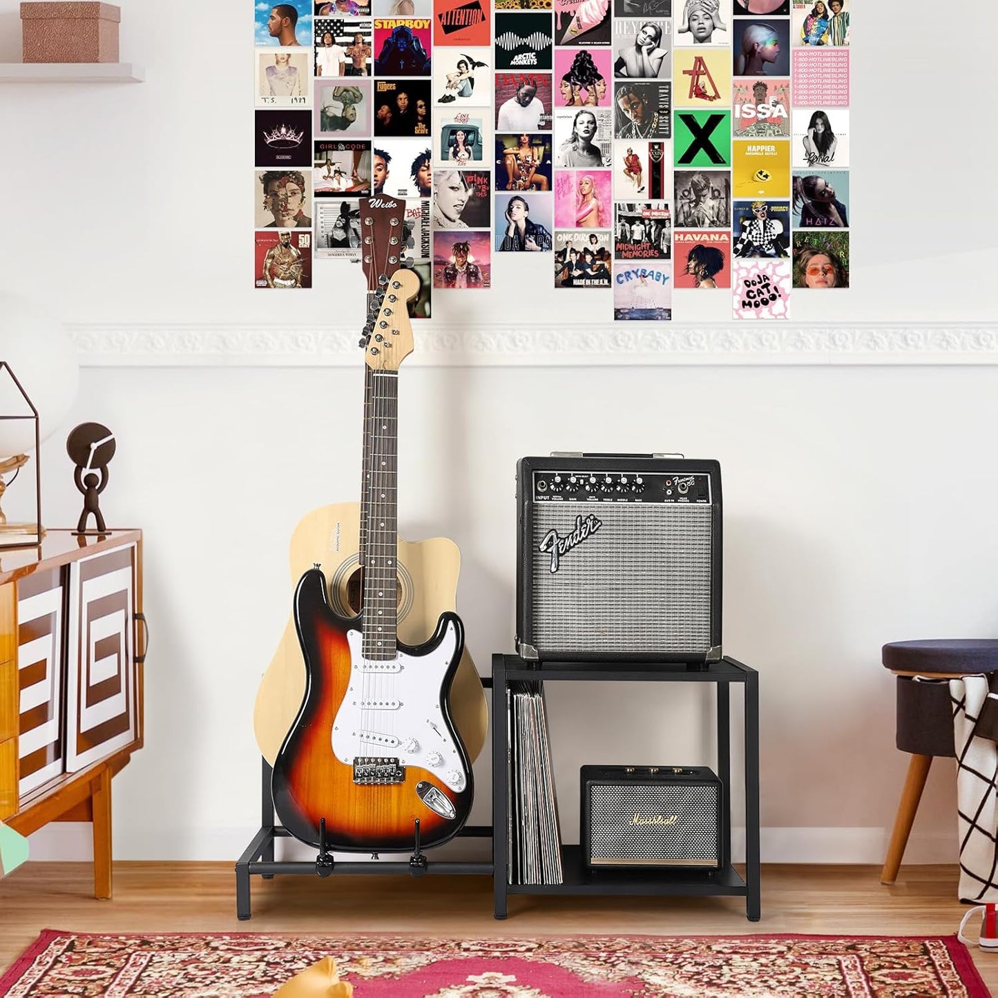 Guitar Stand, 2-Tier Guitar Stands Floor with Guitar Amp Stand, Guitar Rack for Multiple Guitars and Guitar Accessories, Adjustable Guitar Holder, Guitar Display for Music Studio Home, Black
