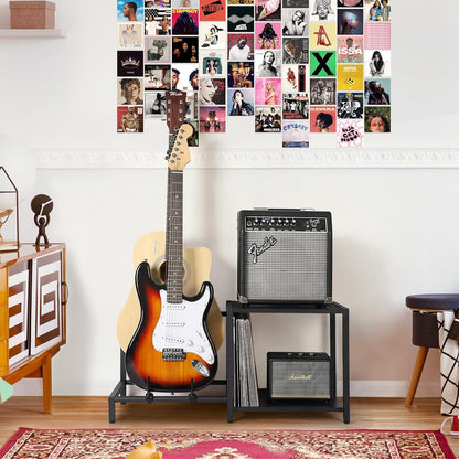 Guitar Stand, 2-Tier Guitar Stands Floor with Guitar Amp Stand, Guitar Rack for Multiple Guitars and Guitar Accessories, Adjustable Guitar Holder, Guitar Display for Music Studio Home, Black
