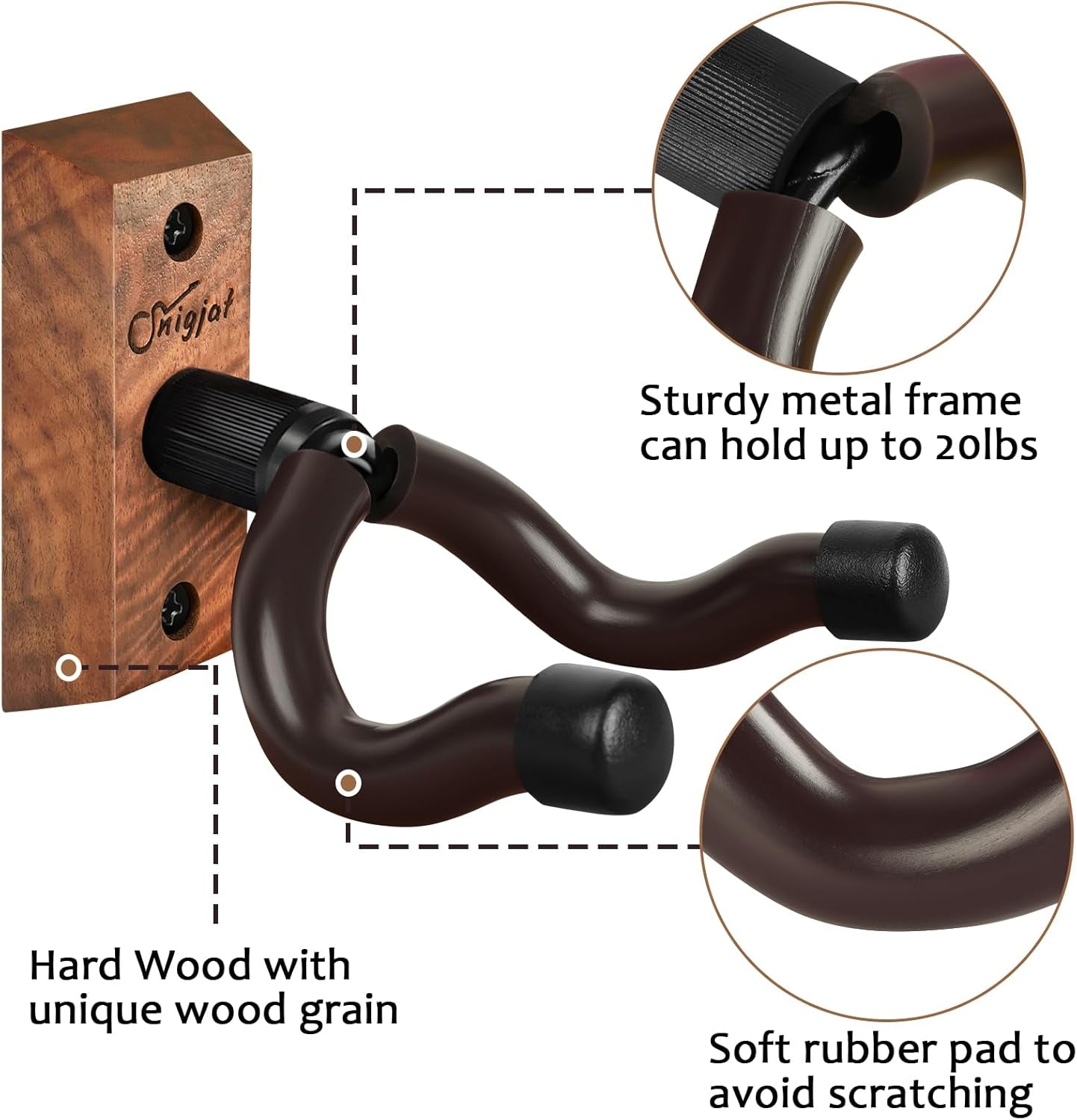 2 Pack, Hardwood U-Shaped Guitar Wall Mount, Guitar Wall Hanger | Guitar Wall Hook Stand, Guitar Holder Wall Mount Hanger for Acoustic Guitar, Electric Guitar, Banjo, Bass, Mandolin