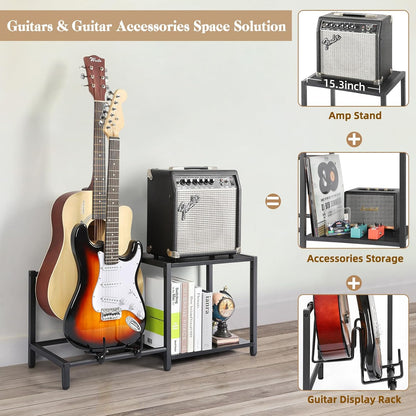 Guitar Stand, 2-Tier Guitar Stands Floor with Guitar Amp Stand, Guitar Rack for Multiple Guitars and Guitar Accessories, Adjustable Guitar Holder, Guitar Display for Music Studio Home, Black