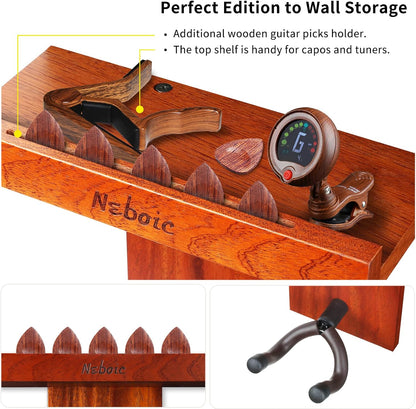 2 Pack Guitar Wall Mount, Guitar Hanger with Wood Shelf, Guitar Hook, Guitar Holder for Acoustic Electric Bass Guitar Ukulele Banjo Mandolin
