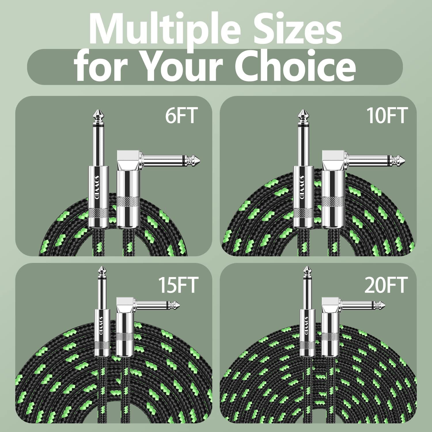 6FT Instrument Cable - Electric Guitar & Bass Cable with Right Angle 1/4 Inch Plugs, Black & Green