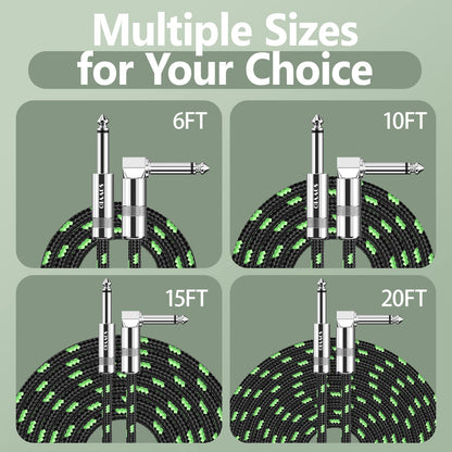 6FT Instrument Cable - Electric Guitar & Bass Cable with Right Angle 1/4 Inch Plugs, Black & Green