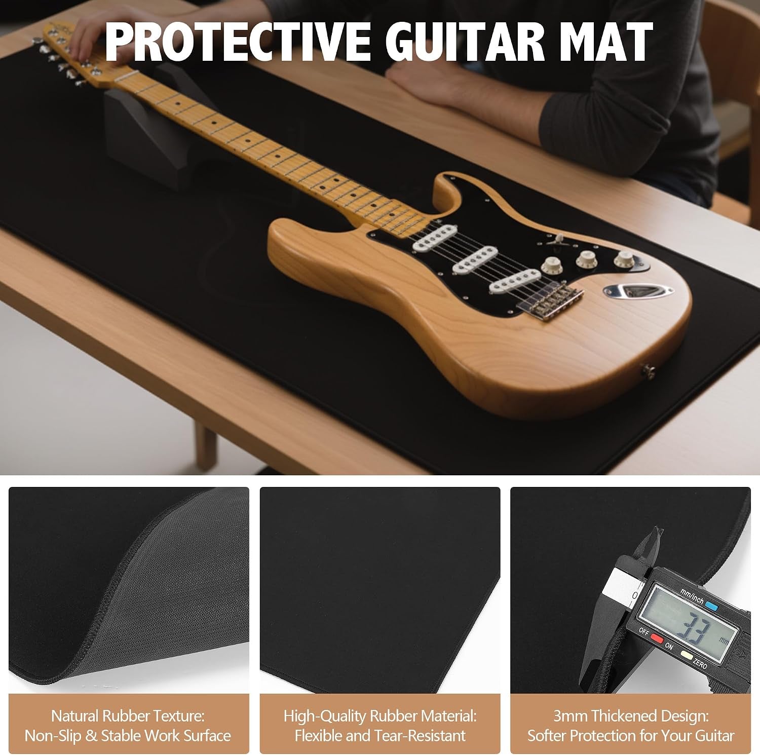 Guitar Mat & Guitar Neck Rest Kit, Luthier Repair Tools | 15"X39" Large Size Non-Slip Mat, Dual-Height Guitar Neck Rest, Fit Electric, Bass & Acoustic Guitar, Gift for Guitarists