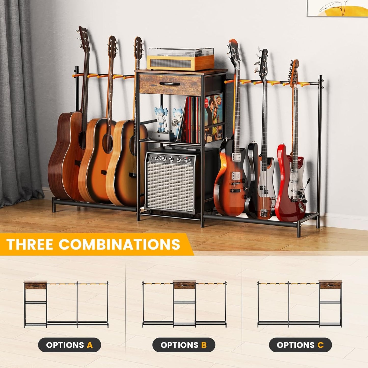 Guitar Stands Floor with 6 Guitar Holders, 3-Tier Guitar Stand Multiple Guitars, Guitar Rack with Amp Stand & Cloth Drawer, Multi Guitar Stand for Music Studio, Guitar Accessories Gift for Music Lover