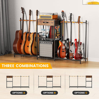Guitar Stands Floor with 6 Guitar Holders, 3-Tier Guitar Stand Multiple Guitars, Guitar Rack with Amp Stand & Cloth Drawer, Multi Guitar Stand for Music Studio, Guitar Accessories Gift for Music Lover