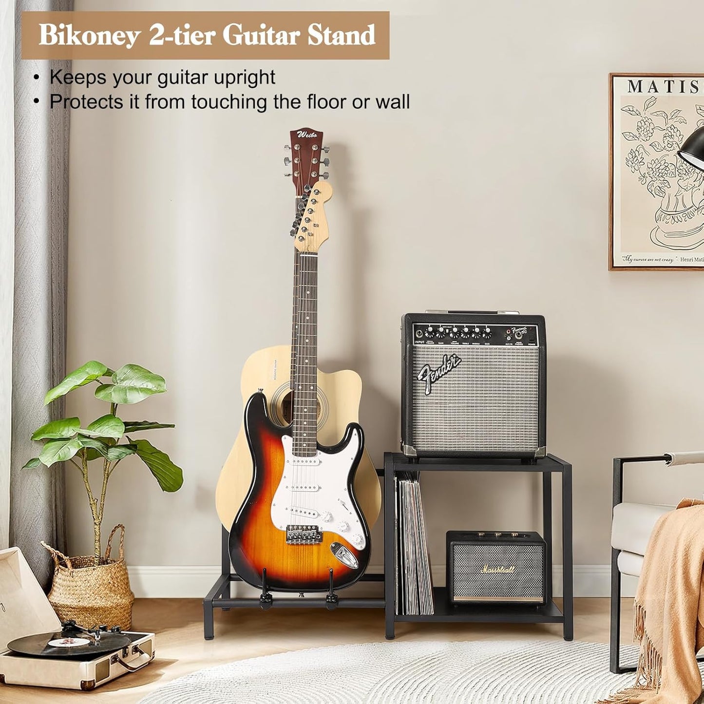 Guitar Stand, 2-Tier Guitar Stands Floor with Guitar Amp Stand, Guitar Rack for Multiple Guitars and Guitar Accessories, Adjustable Guitar Holder, Guitar Display for Music Studio Home, Black