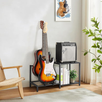 Guitar Stand, 2-Tier Guitar Stands Floor with Guitar Amp Stand, Guitar Rack for Multiple Guitars and Guitar Accessories, Adjustable Guitar Holder, Guitar Display for Music Studio Home, Black