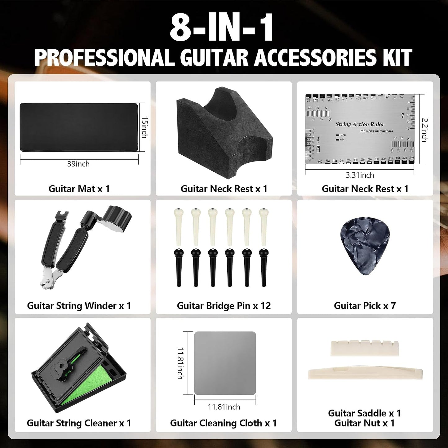 Guitar Mat & Guitar Neck Rest Kit, Luthier Repair Tools | 15"X39" Large Size Non-Slip Mat, Dual-Height Guitar Neck Rest, Fit Electric, Bass & Acoustic Guitar, Gift for Guitarists