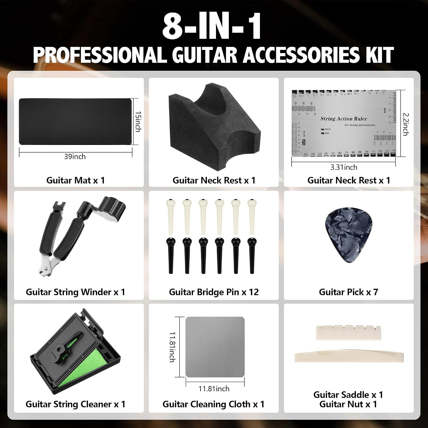 Guitar Mat & Guitar Neck Rest Kit, Luthier Repair Tools | 15"X39" Large Size Non-Slip Mat, Dual-Height Guitar Neck Rest, Fit Electric, Bass & Acoustic Guitar, Gift for Guitarists