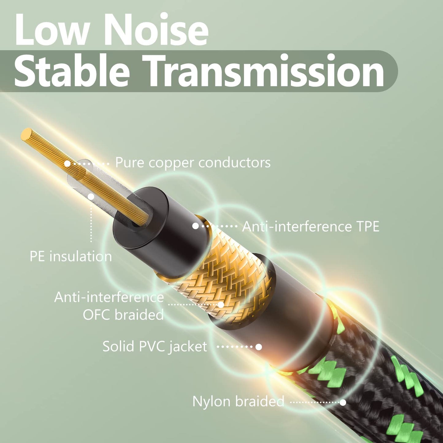 6FT Instrument Cable - Electric Guitar & Bass Cable with Right Angle 1/4 Inch Plugs, Black & Green