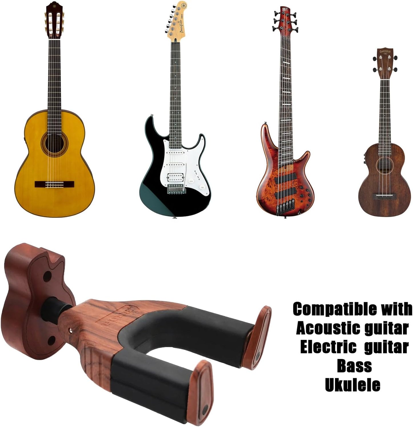 Guitar Wall Mount, Auto Lock Guitar Wall Hanger Guitar Holder Hard Wood Base in Guitar Shape Guitar Hook for for Acoustic, Electric, Classical, Bass Guitars, Guitar Accessories (Brown)