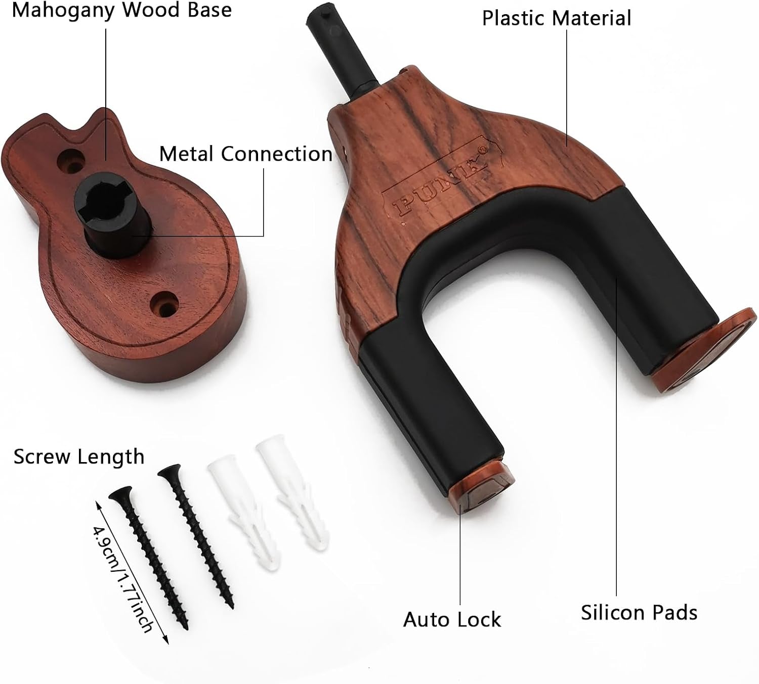 Guitar Wall Mount, Auto Lock Guitar Wall Hanger Guitar Holder Hard Wood Base in Guitar Shape Guitar Hook for for Acoustic, Electric, Classical, Bass Guitars, Guitar Accessories (Brown)