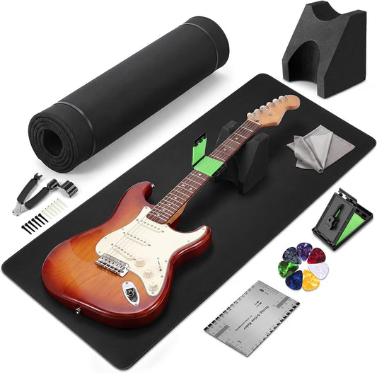Guitar Mat & Guitar Neck Rest Kit, Luthier Repair Tools | 15"X39" Large Size Non-Slip Mat, Dual-Height Guitar Neck Rest, Fit Electric, Bass & Acoustic Guitar, Gift for Guitarists