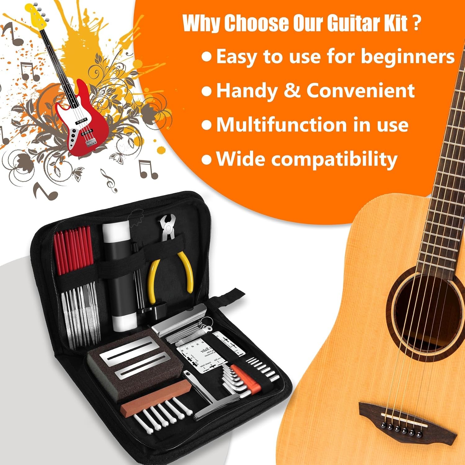 45Pcs Guitar Tool Kit, Guitar Repair Kit, Guitar Setup Kit, Luthier Tools Guitar Kit, Guitar Maintenance Kit Guitar Fret Tools,  Guitar Accessories for Ukulele Bass Guitar Gifts for Musicians