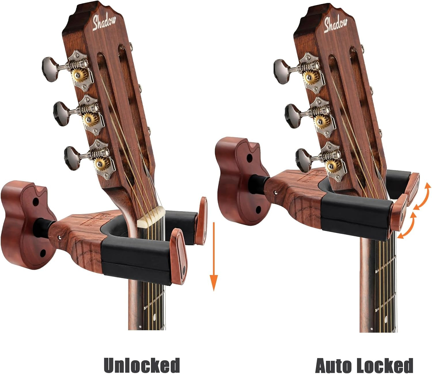 Guitar Wall Mount, Auto Lock Guitar Wall Hanger Guitar Holder Hard Wood Base in Guitar Shape Guitar Hook for for Acoustic, Electric, Classical, Bass Guitars, Guitar Accessories (Brown)