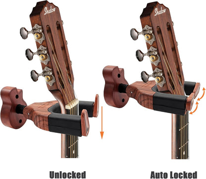 Guitar Wall Mount, Auto Lock Guitar Wall Hanger Guitar Holder Hard Wood Base in Guitar Shape Guitar Hook for for Acoustic, Electric, Classical, Bass Guitars, Guitar Accessories (Brown)