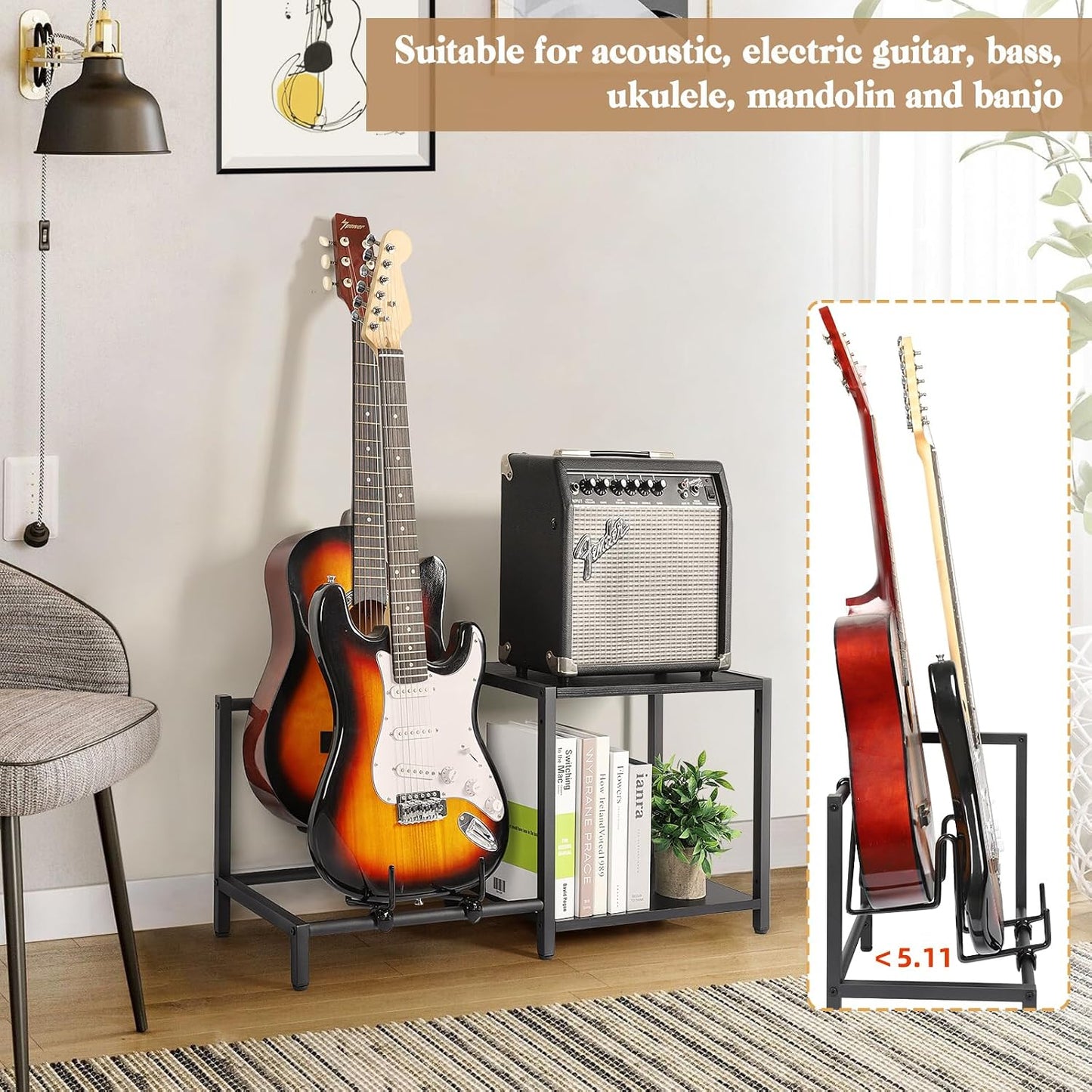 Guitar Stand, 2-Tier Guitar Stands Floor with Guitar Amp Stand, Guitar Rack for Multiple Guitars and Guitar Accessories, Adjustable Guitar Holder, Guitar Display for Music Studio Home, Black