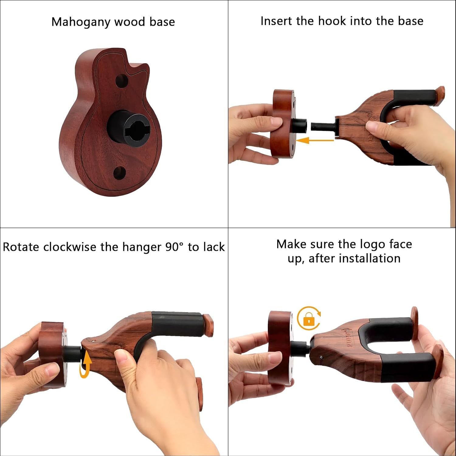 Guitar Wall Mount, Auto Lock Guitar Wall Hanger Guitar Holder Hard Wood Base in Guitar Shape Guitar Hook for for Acoustic, Electric, Classical, Bass Guitars, Guitar Accessories (Brown)
