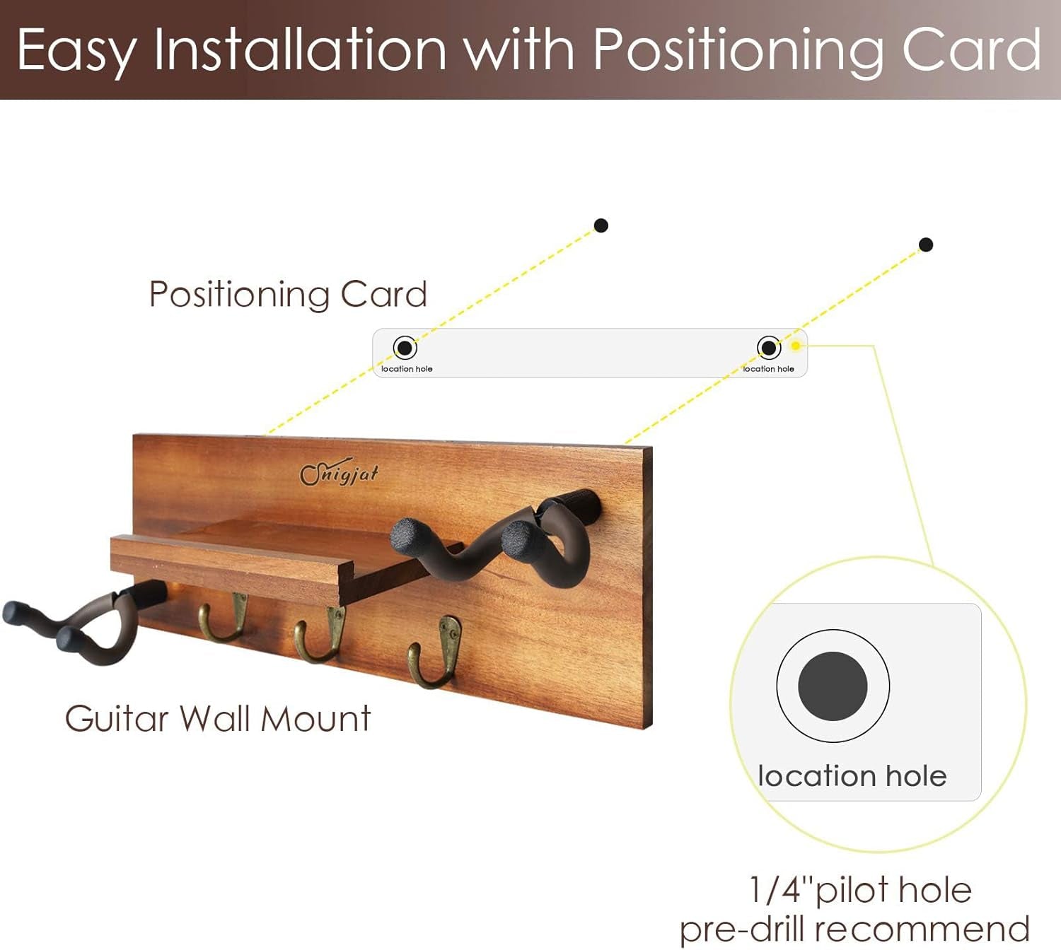 Guitar Wall Mount with 2 Rotatable Hook, Shelf, and Pick Holder | Wood Guitar Hanger, U-Shaped Hook, Rotatable Yoke, Guitar Wall Stand Rack for Acoustic, Electric, Bass