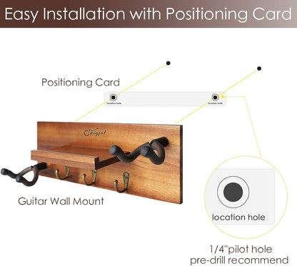Guitar Wall Mount with 2 Rotatable Hook, Shelf, and Pick Holder | Wood Guitar Hanger, U-Shaped Hook, Rotatable Yoke, Guitar Wall Stand Rack for Acoustic, Electric, Bass