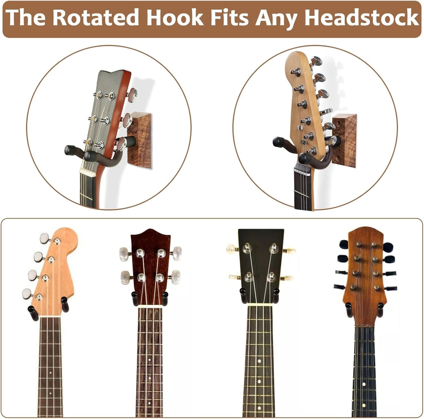 2 Pack, Hardwood U-Shaped Guitar Wall Mount, Guitar Wall Hanger | Guitar Wall Hook Stand, Guitar Holder Wall Mount Hanger for Acoustic Guitar, Electric Guitar, Banjo, Bass, Mandolin