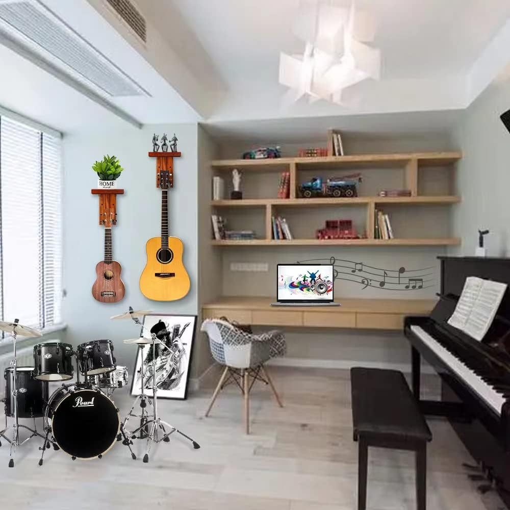 2 Pack Guitar Wall Mount, Guitar Hanger with Wood Shelf, Guitar Hook, Guitar Holder for Acoustic Electric Bass Guitar Ukulele Banjo Mandolin